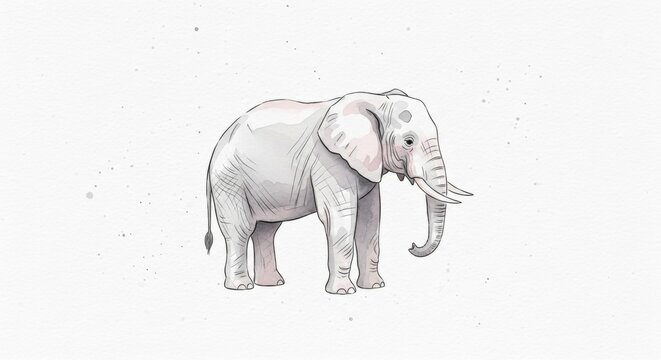 Watercolor illustration of elephant on white background. African animal mammal with trunk and tusks. Wild wildlife drawing for jungle theme.