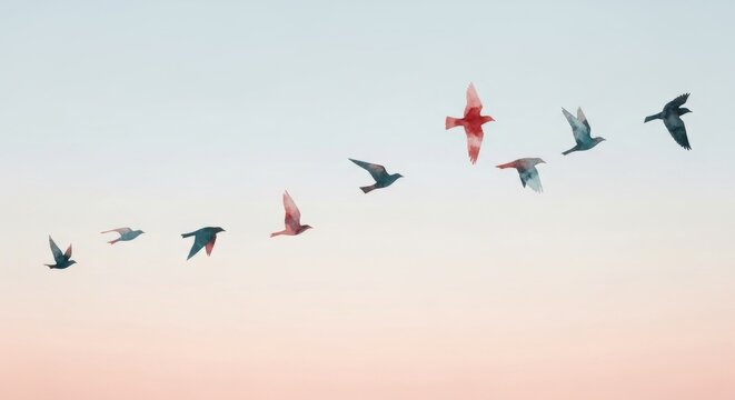 Flock of birds flying in the pastel sky. Watercolor illustration of animal freedom, journey, and community. Natural art for greeting card and banner design.