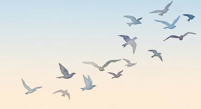 Flock of watercolor bird flying across a gradient sky. Freedom and movement concept for greeting card and inspirational motif design.
