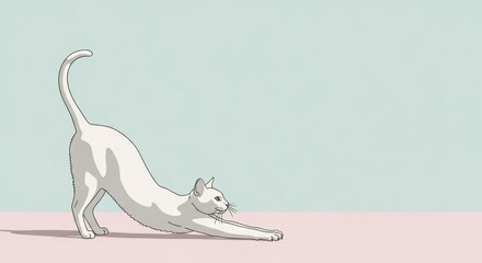 White cat stretching on a pastel background with room for text. Cute pet illustration for greeting card, banner, or animal care promotion.