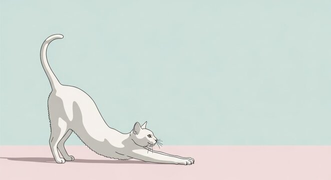 White cat stretching on a pastel background with room for text. Cute pet illustration for greeting card, banner, or animal care promotion.