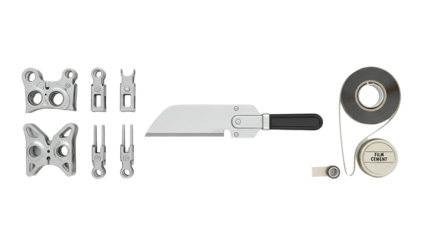 Collection of Industrial Metal Components and Tools Including a Utility Knife and Tape Dispenser on Black Background