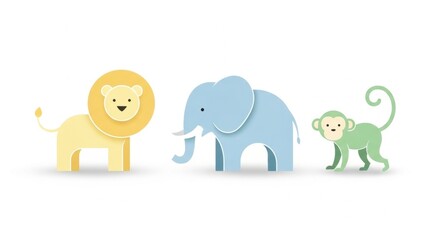 Cute paper cut animal illustration of a lion, elephant, and monkey. Child friendly wildlife character design for baby shower invitation.