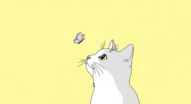 White cat looks up at a pink and blue butterfly illustration. Cute pet animal design. Simple drawing for children book or nursery decor.