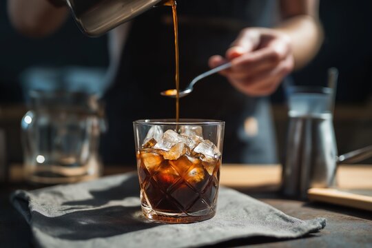 Barista pouring dark roast coffee into ice-filled glass, close-up of hand with spoon, artisanal iced beverage preparation in cafe environment. 