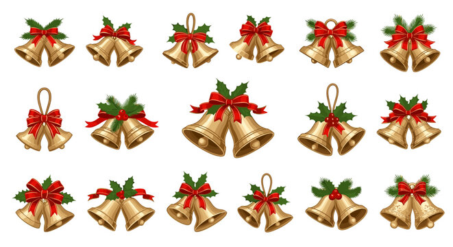 Collection of christmas bells with red bows and holly decorations set
