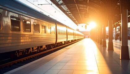 Golden Hour Train: Sunlight Reflections on Railway Carriages at the Station Platform