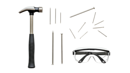 Silver Claw Hammer and Assorted Nails Scattered Around Protective Safety Goggles on a Black Background