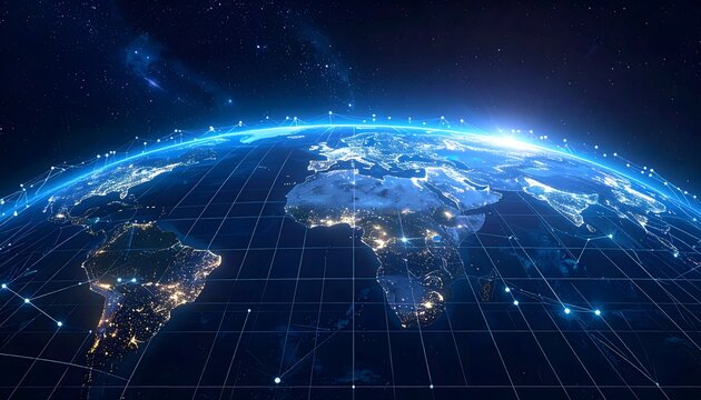 3D render of the Earth in space with glowing data grid and network connections over continents. Concept of global communication and technology. - Powered by Adobe