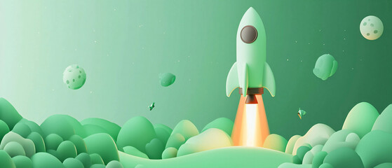 Green Rocket Launching Into Space Surrounded by Celestial Elements
