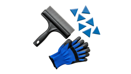 Professional Window Cleaning Tools Including Squeegee Gloves and Triangular Blue Wipes Isolated On Black Background With Soft Lighting
