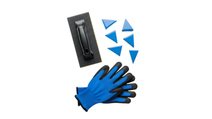 Black Trowel Blue Gloves And Blue Triangle Pieces On Black Background Isolated