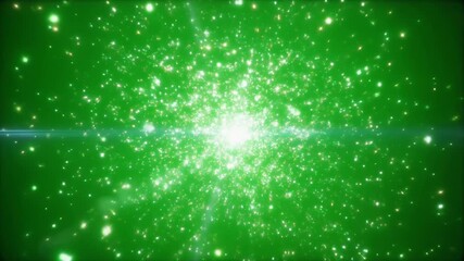 A vibrant green background with a central bright light source radiating numerous sparkling particles outwards. - Powered by Adobe