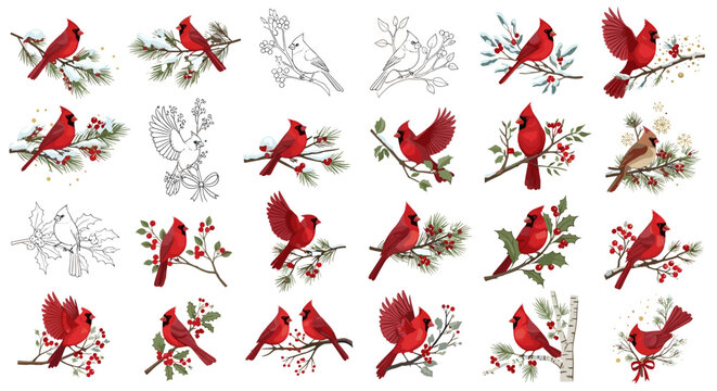 Collection of watercolor cardinal bird illustrations on branches design