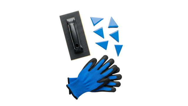 Black Trowel Blue Gloves And Blue Triangle Pieces On Black Background Isolated
