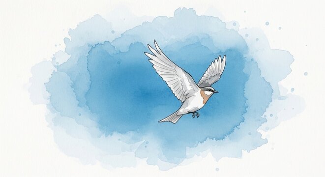 Watercolor illustration of a small bird flying with wings spread, symbolizing freedom and nature for spring themes or greeting card design. - Powered by Adobe