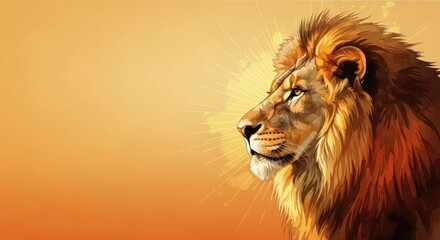 A detailed illustration of a lion's head in profile against a sunburst background, symbolizing strength and courage for a safari promotion.