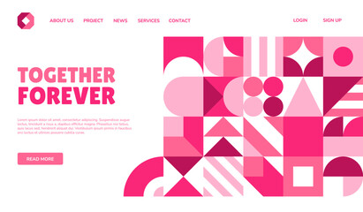 Valentine day landing page template with geometric shapes, vector website. Valentine day or love holiday landing page with user menu buttons layout for website template with red pink geometric shapes