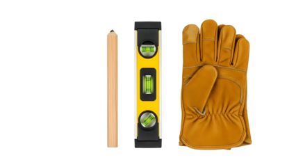 A Wooden Stake A Yellow Spirit Level And A Brown Work Glove On A Transparent Background Isolated Professional Construction Tools For Measurement And