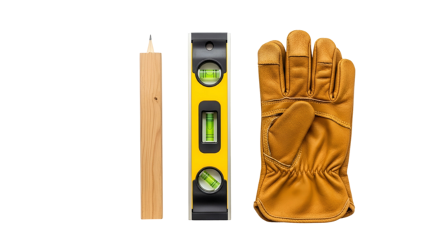 Yellow Spirit Level Wood Block and Leather Work Glove on Black Background for Construction and DIY Projects