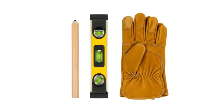 A Wooden Stake A Yellow Spirit Level And A Brown Work Glove On A Transparent Background Isolated Professional Construction Tools For Measurement And