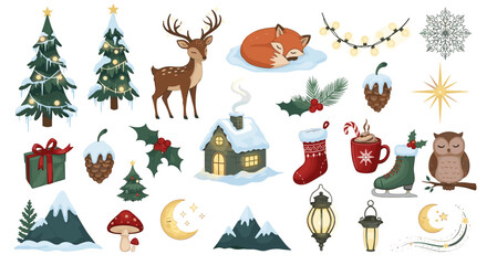 Fototapeta premium A festive collection of winter and christmas themed cartoon illustrations