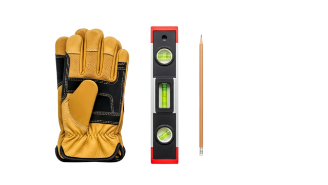 Construction Glove Spirit Level and Pencil on a Black Background for DIY and Home Improvement Projects