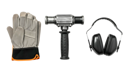 Work Safety Gear Including A Thick Glove A Heavy Duty Hammer And Noise Cancelling Ear Protection Against A Black Background