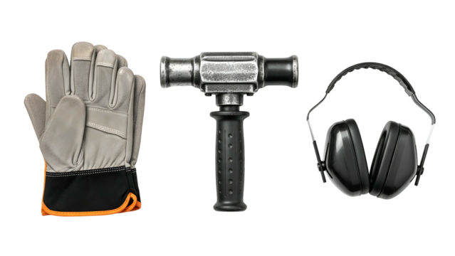 Work Safety Gear Including A Thick Glove A Heavy Duty Hammer And Noise Cancelling Ear Protection Against A Black Background