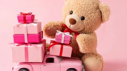 Adorable teddy bear balancing colorful gift boxes on vintage toy car in playful setting
