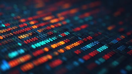 Obraz premium Film grain for color grading, A vibrant digital display of binary code, showcasing a dynamic arrangement of numbers in blue, orange, and red.