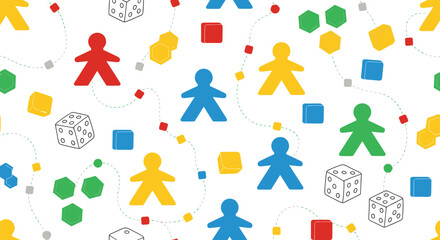 Fun seamless pattern for board game lovers, featuring colorful meeples, game cubes, and hand-drawn dice connected by dotted paths.