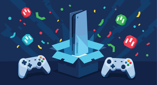 Exciting giveaway or new product launch concept, featuring a modern gaming console emerging from a glowing box with controllers and confetti.