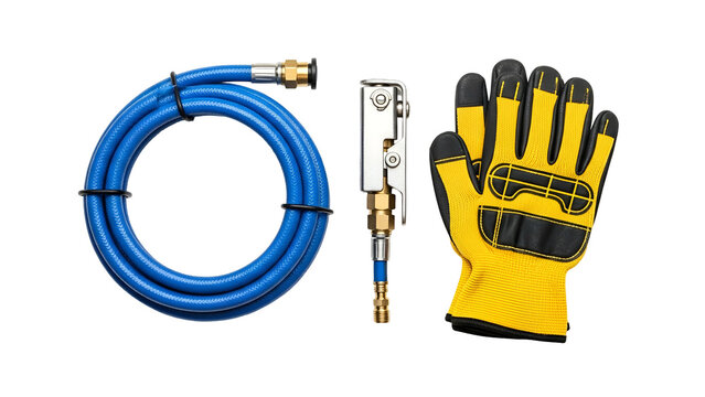 Blue Flexible Hose With Brass Fittings and Yellow Black Work Glove With Black Straps Isolated On Transparent Background