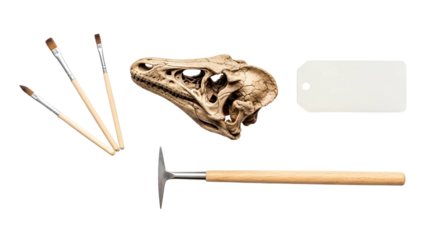 Paleontology Tools Dinosaur Skull Fossil And Blank Tag On Black Background Archeology Excavation Discovery Science Museum Artifact Exploration