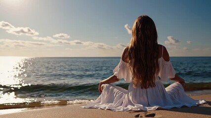 Back view of a woman meditating at the seaside - Powered by Adobe