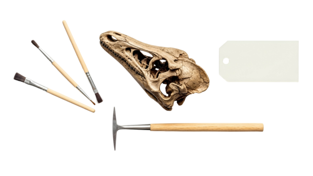 Fossilized Dinosaur Skull With Paleontologist Tools And A Blank Tag On A Transparent Background - Powered by Adobe
