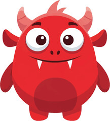 Adorable cartoon red monster with big eyes and small horns smiling with sharp teeth on a white background