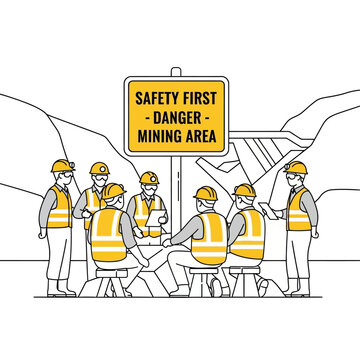 Line art illustration of a team of miners in safety vests and hard hats holding a toolbox talk at a mining site.