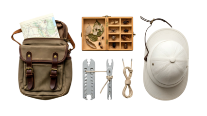 Explorer's Kit With Vintage Bag Map Insect Collection Box Pith Helmet And Rope On A Transparent Background For Adventure And Discovery