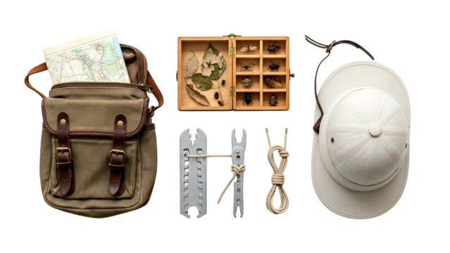 Explorer's Kit With Vintage Bag Map Insect Collection Box Pith Helmet And Rope On A Transparent Background For Adventure And Discovery