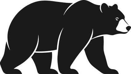 Silhouette of a powerful black bear walking from left to right against a clean white background in a stylized graphic illustration
