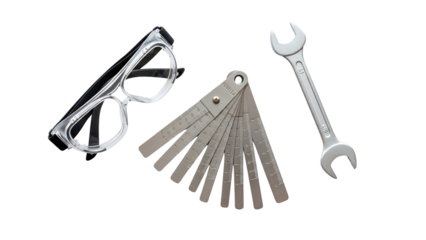Set of Automotive Repair Tools Including Safety Glasses a Feeler Gauge Set and a Wrench on a Transparent Background
