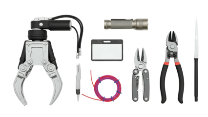 Various Tools And Equipment Arranged On A Black Background Including A Robotic Claw Multi Tool Flashlight Pliers And Wire