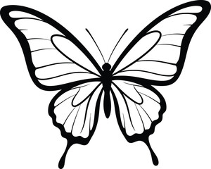Elegant minimalist black line art of a butterfly in profile with delicate wings and antennae on a white background