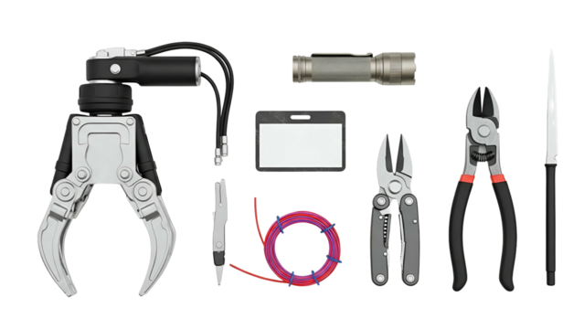 Various Tools And Equipment Arranged On A Black Background Including A Robotic Claw Multi Tool Flashlight Pliers And Wire