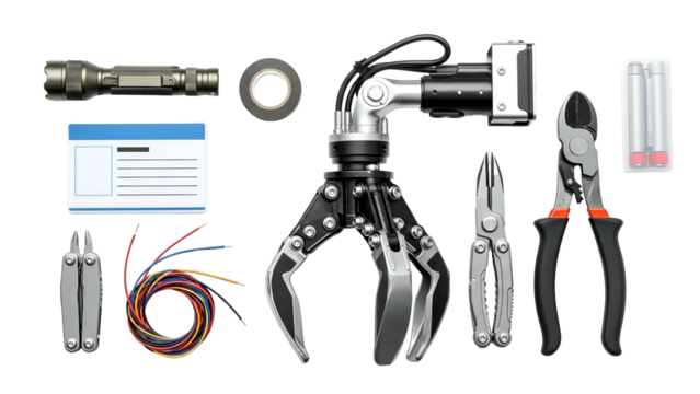 Mechanical Robotic Claw With Assorted Tools Including Pliers Wire Cutters Multimeter Flashlight And Electrical Tape On A Black Background