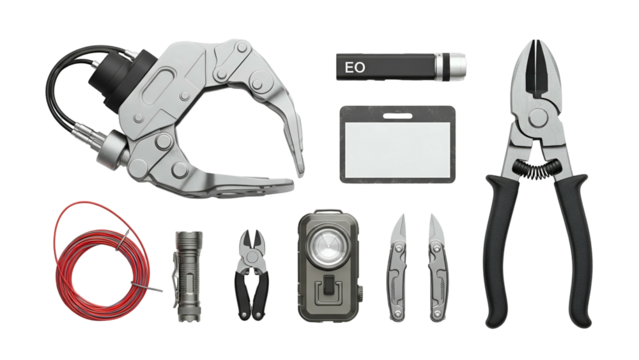 Various Tools Including Robotic Claw Pliers Wire And Flashlight Arranged On A Transparent Background