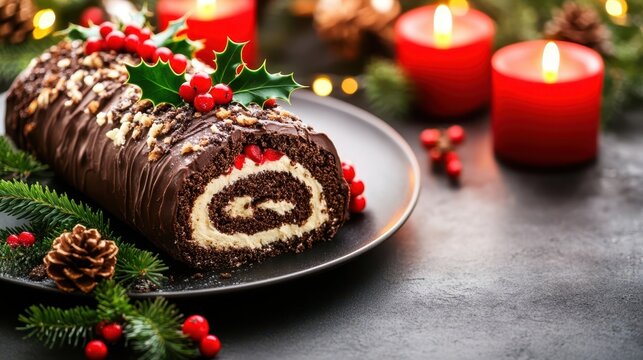 Festive Yule Log: An exquisitely crafted Yule log cake, adorned with seasonal embellishments such as holly and berries, rests gracefully beside softly glowing candles.