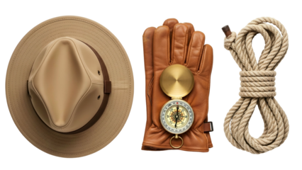 Safari Hat Leather Gloves With Compass And Rope Arranged For Adventure And Exploration On Transparent Background